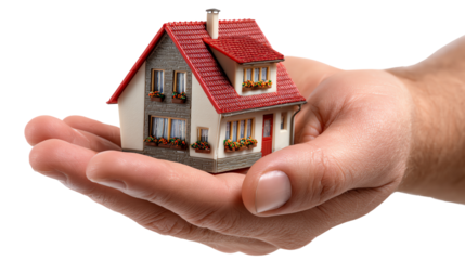 Real Estate Ownership: A miniature house delicately cradled in the open palm, symbolizing the dream of property ownership, home investment and protection and representing shelter and security.