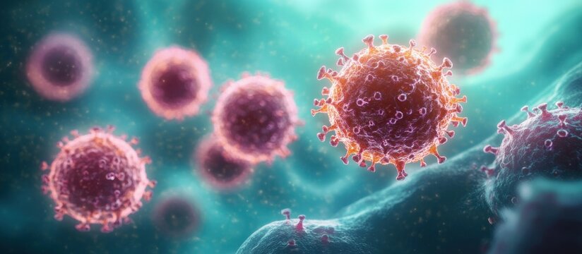Close-up microscopic view of spherical virus particles with spike proteins floating in a cellular environment showing biological interaction