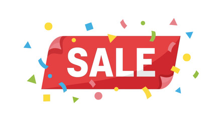 Sale banner with confetti, red background with white text, promotion.