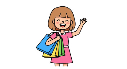Cartoon girl with shopping bags waving her hand.
