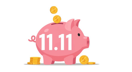 Pink piggy bank with coins falling into it, with the number 11.11 on its side.