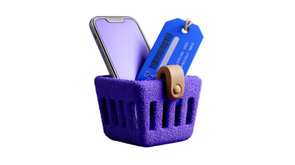 Shopping Basket with Modern Gadgets: A stylish shopping basket holds a sleek smartphone and a digital tag, representing the modern concept of online shopping and electronic payment.