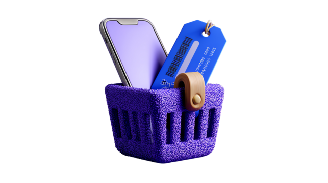 Shopping Basket with Modern Gadgets: A stylish shopping basket holds a sleek smartphone and a digital tag, representing the modern concept of online shopping and electronic payment.