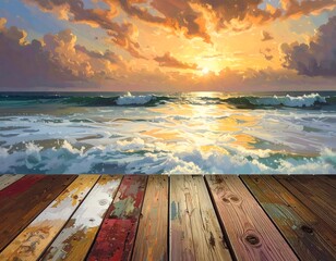 Beautiful ocean sunset painting with a wooden deck in the foreground
