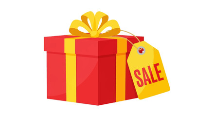 Red gift box with yellow ribbon and sale tag.