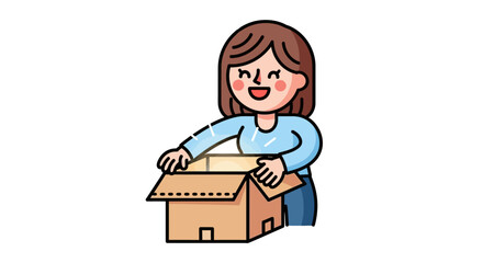 Cartoon woman with brown hair opening a cardboard box with a happy expression.
