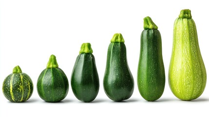 A row of zucchini of varying sizes, with a white background.