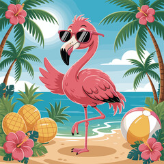 Tropical Flamingo Vector – Cool Pink Flamingo with Sunglasses on Beach with Palm Trees and Flowers