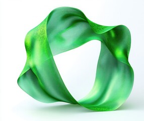 Smooth flowing green ribbon-like shape twisting in an abstract loop against a white background creating a sense of fluidity and motion