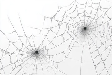 Obraz premium Two symmetrical spider webs with spiders positioned at their centers against a white background, showcasing intricate web patterns and delicate lines
