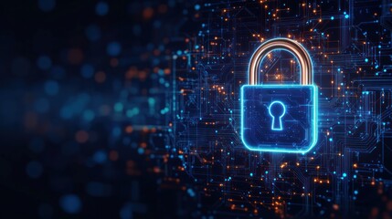 Glowing digital padlock symbol over futuristic circuit board background representing cybersecurity and data protection technology