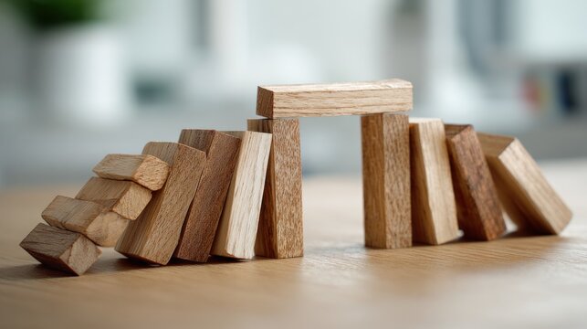 A wooden block structure in disarray on a wooden table.