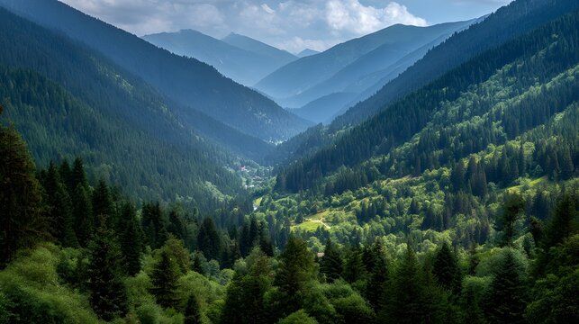 Deep forested mountain valley shows layers of receding slopes under dramatic sky