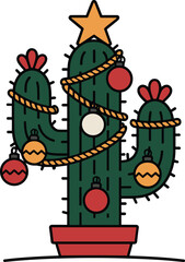 Christmas Cactus Vector – Festive Cartoon Cactus with Ornaments and Star in Pot