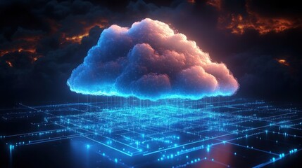 Glowing blue digital cloud hovering above a network of illuminated circuit lines under dark stormy sky with fiery orange clouds