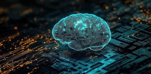 Futuristic digital brain hologram glowing with blue lights floating above a computer circuit board with orange and blue neon connections