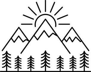 Mountain Landscape Line Art – Minimalist Vector of Mountains, Pine Trees, and Sun