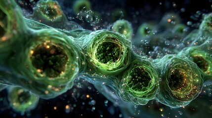 Microscopic view of glowing green cellular structures with bubbles.