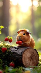 A Guinea pig eats a strawberry while perched on a mossy log