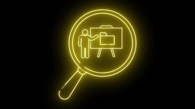 A neon yellow magnifying glass highlights a presentation board with a presenter