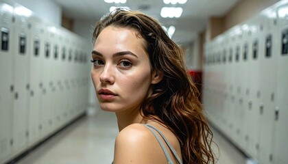 A person with long wavy hair looks over their shoulder in a hallway