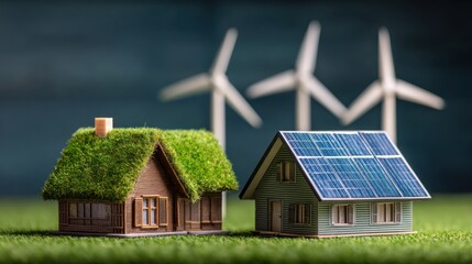 Two miniature houses with grass roofs and solar panels on the roof, standing on a grassy lawn with wind turbines in the background.