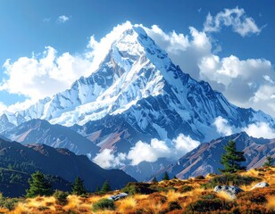 A majestic snow-capped mountain under a beautiful blue sky and clouds