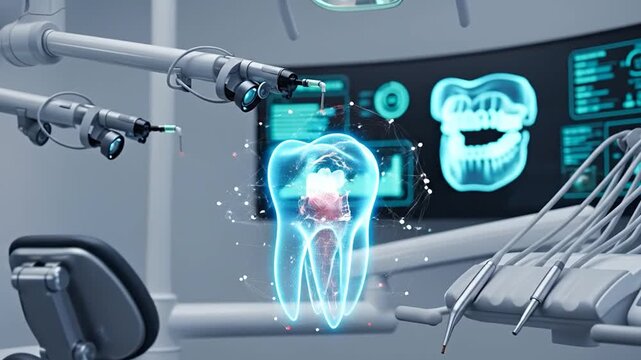 Futuristic digital tooth hologram with data network connections in dentistry - Powered by Adobe