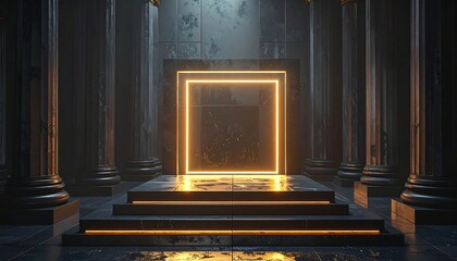 A throne room features glowing, geometric designs and pillars