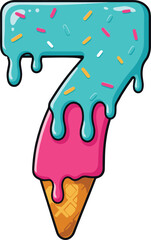 Ice Cream Number 7 Vector – Colorful Cartoon Melting Ice Cream Font with Sprinkles