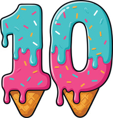 Ice Cream Number 10 Vector – Colorful Cartoon Melting Ice Cream Font with Sprinkles