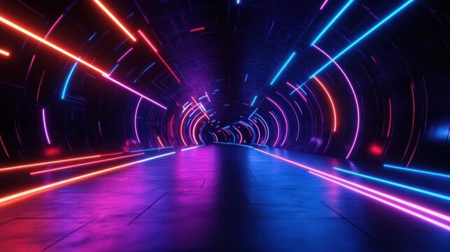 Futuristic tunnel illuminated with vibrant neon lights in red, pink, purple, and blue creating a dynamic and immersive visual experience