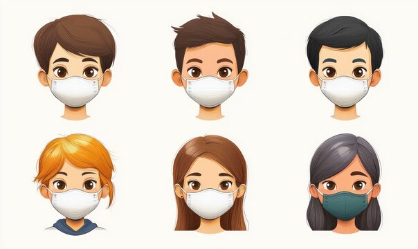 Illustration of six diverse cartoon faces wearing protective face masks with various hair colors and styles, conveying safety and health awareness