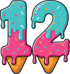 Ice Cream Number 12 Vector – Colorful Cartoon Melting Ice Cream Font with Sprinkles