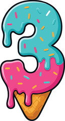 Ice Cream Number 3 Vector – Colorful Cartoon Melting Ice Cream Font with Sprinkles