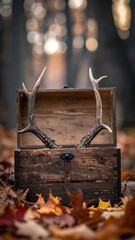 A wooden chest with antlers on a backdrop of autumn leaves