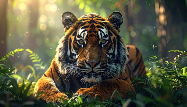 A majestic tiger resting amidst lush, green vegetation - Powered by Adobe