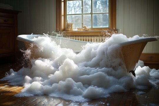 Overflowing bathtub filled with white foam spilling onto wooden floor in sunlit bathroom with window