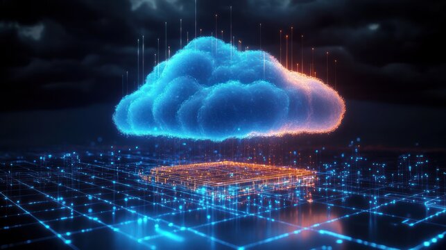 Glowing blue and orange digital cloud hovering above a microchip on a futuristic grid with dark stormy sky background - Powered by Adobe