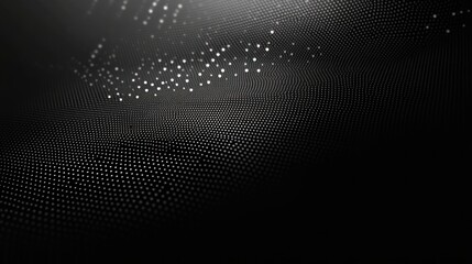 Abstract black background with flowing wave of white glowing dots creating a futuristic digital grid and sense of depth and motion