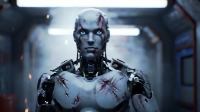 Humanoid robot with scratches close up artificial intelligence concept