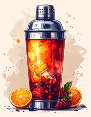 Artistic depiction of a cocktail shaker filled with a vibrant fruity drink