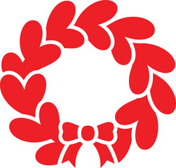 Red heart-shaped Christmas wreath icon with bow, festive flat design, isolated on white background