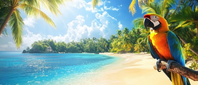 colorful parrot perched on a tropical palm branch overlooking a sunny beach with clear blue water and lush green palm trees under a bright sky - Powered by Adobe