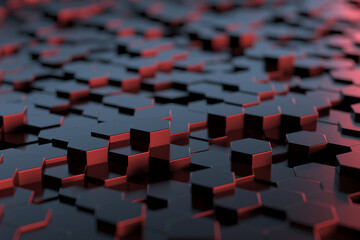 Obraz premium Futuristic hexagonal pattern with red and black 3d blocks for abstract design. 3d render