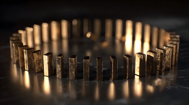 Metallic rectangular blocks are arranged in a circular pattern on a reflective surface.