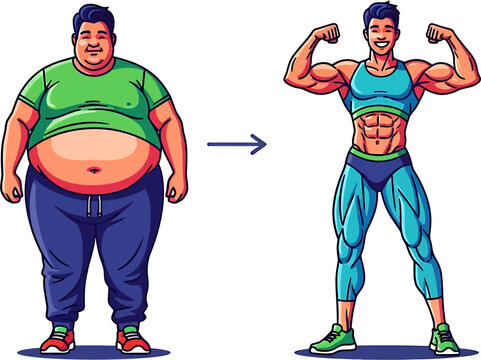 Cartoon illustration of a man's impressive body transformation from overweight and chubby to athletic and muscular