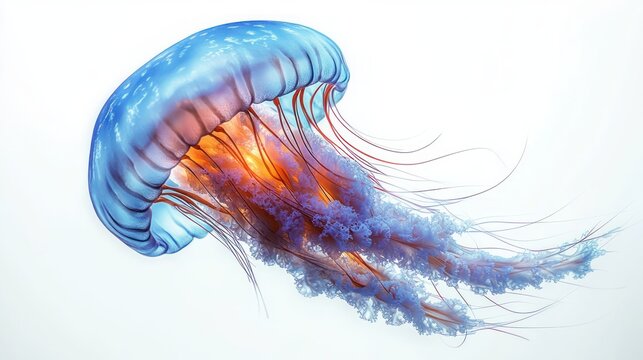 translucent jellyfish with vibrant blue and orange colors floating gracefully in clear water with delicate trailing tentacles