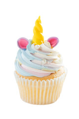 A charming cupcake decorated as a unicorn, featuring a spiral horn and pink ears, and layers of colorful icing.