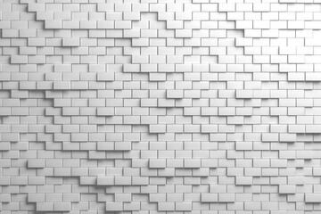 Abstract geometric wall with layered white bricks for modern interior design. 3d render